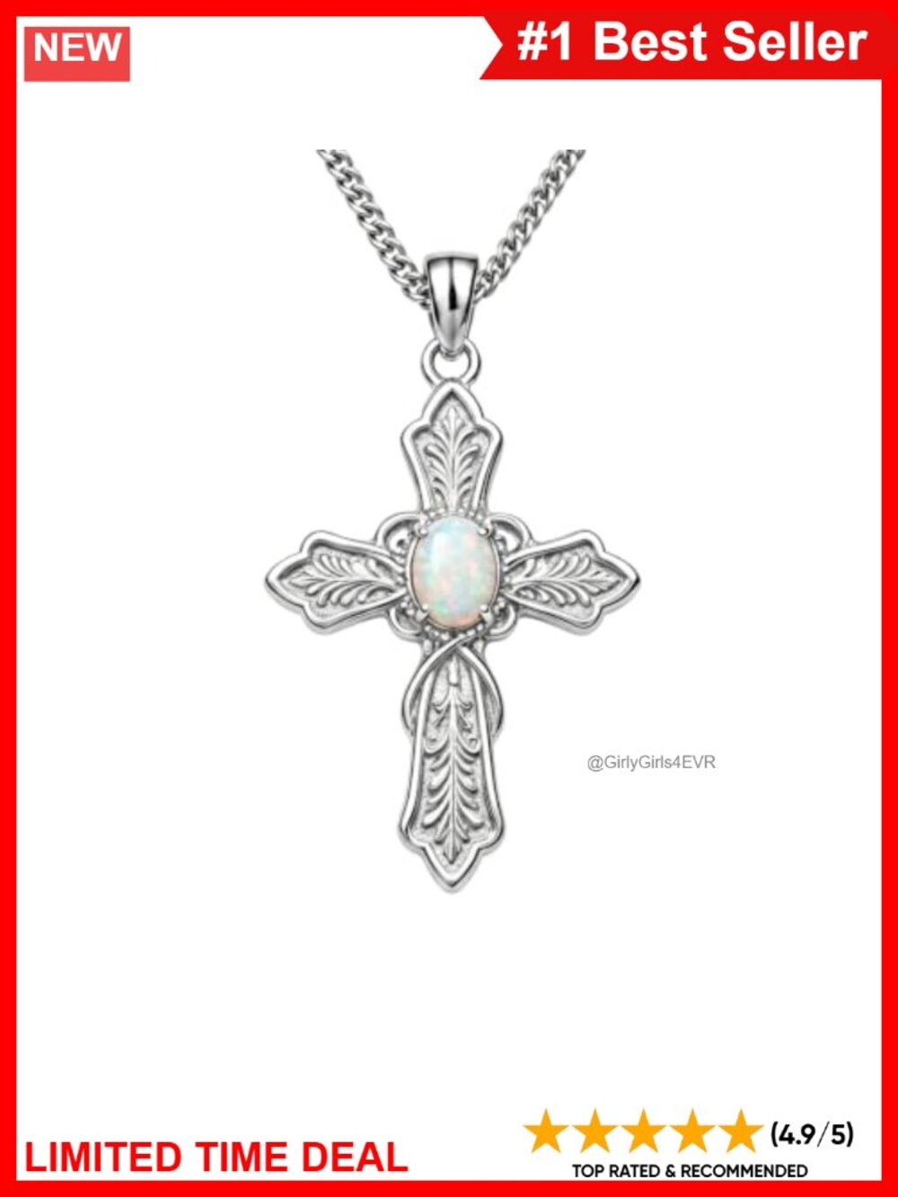 Sterling Silver Opal Cross Pendant Necklace 18+2" Moissanite Dainty